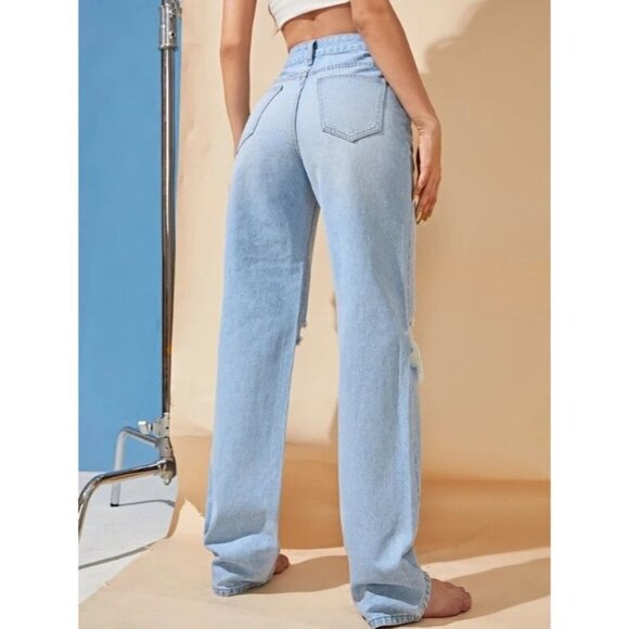 SHEIN High Waist Ripped Frayed Straight Leg Jeans Size Large - Picture 3 of 8